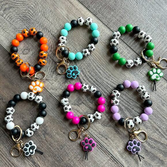 Paw Print Teal Silicone and Wooden Bead Wristlet Keychain - Picture 2 of 2